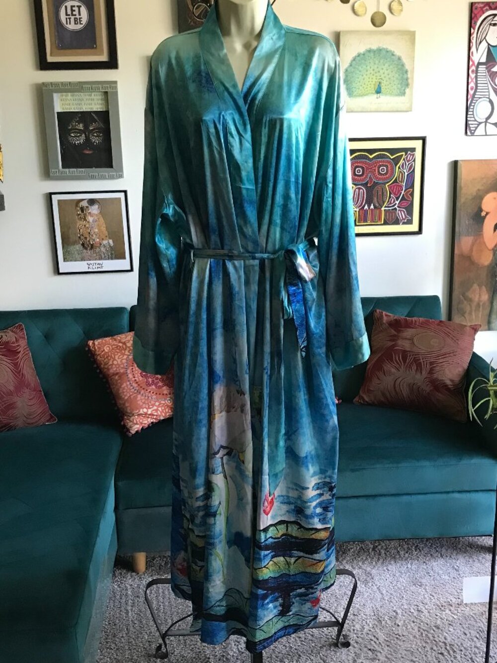 Alexander Del Rossa size 3X Serene Impressionist Watercolor Garden Satin Robe